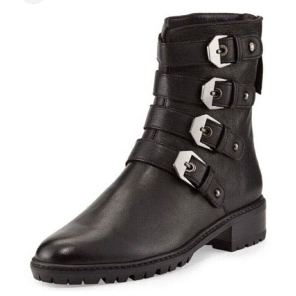 Stuart Weitzman Jitterbug Boot Leather Moto Four Buckle Black Round Toe Ankl 8